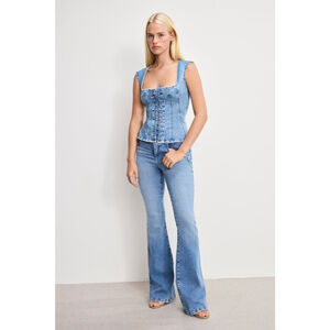 Good American Dolly Denim Corset Top Peplum Lace Up Tank indigo Wash NWT Small
